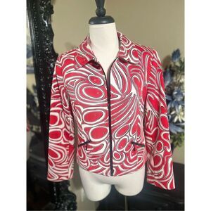 Lorizoni Retro Mod Jacket Women’s XS Red White Swirl Print Rhinestone Zip Blazer